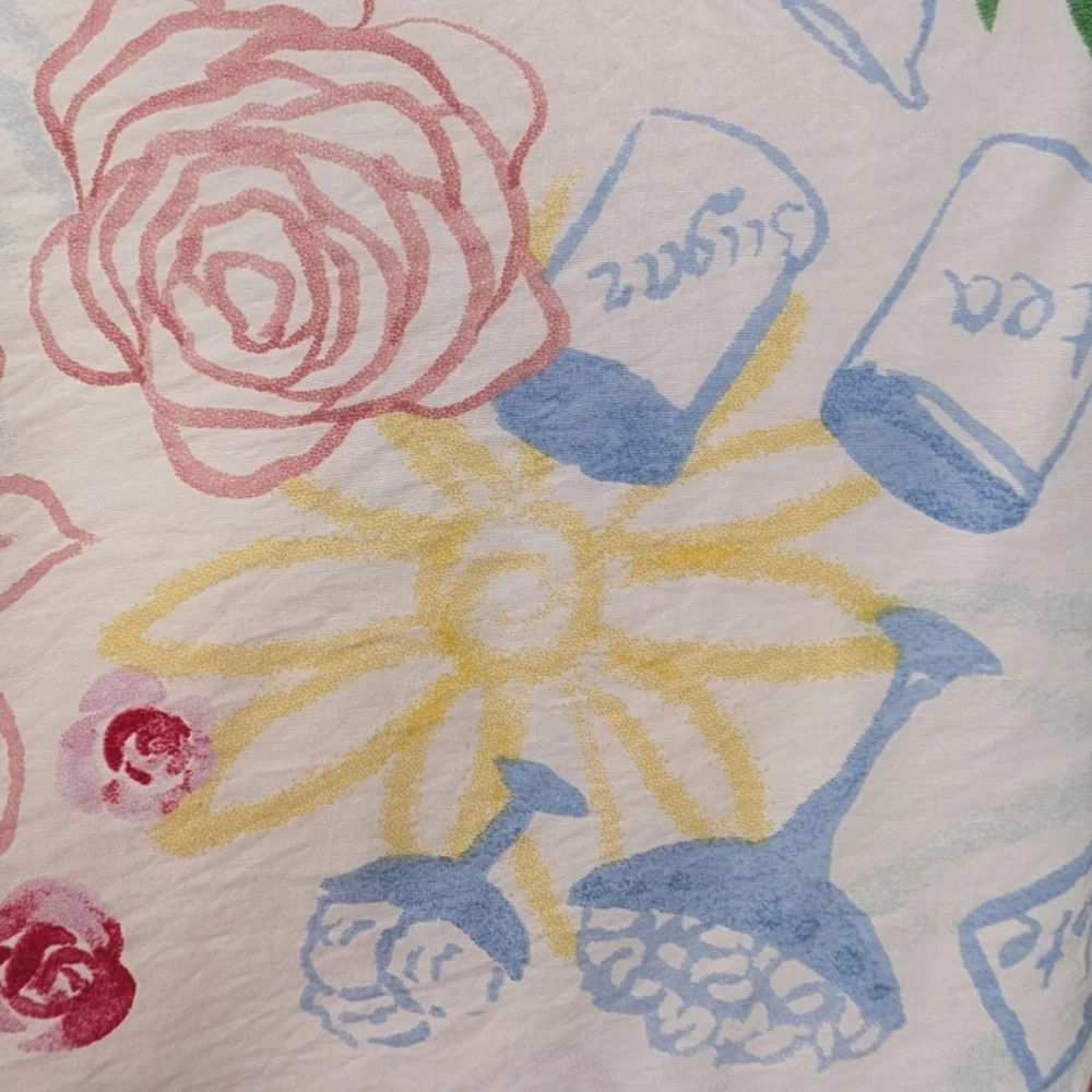 Rachel Zoe White Blue Green Floral Tea Watercolor Short Sleeve Blouse Large - Picture 8 of 12